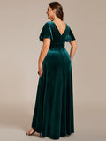 Plus Size Ruffles A-Line V-Neck Short Sleeves Velvet Evening Dress with Slit