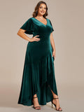 Plus Size Ruffles A-Line V-Neck Short Sleeves Velvet Evening Dress with Slit