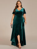 Plus Size Ruffles A-Line V-Neck Short Sleeves Velvet Evening Dress with Slit