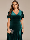 Plus Size Ruffles A-Line V-Neck Short Sleeves Velvet Evening Dress with Slit