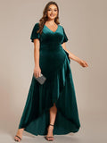 Plus Size Ruffles A-Line V-Neck Short Sleeves Velvet Evening Dress with Slit