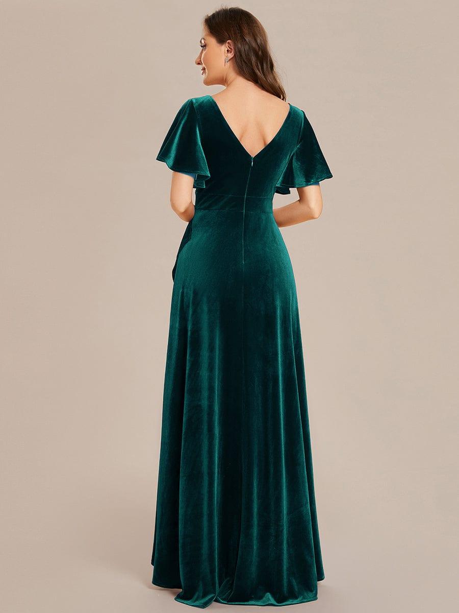 A-Line V-Neck Short Sleeves Empire-Waist Ruffles Velvet Evening Dress