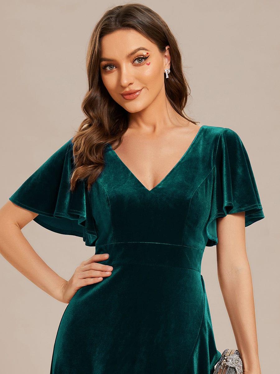 A-Line V-Neck Short Sleeves Empire-Waist Ruffles Velvet Evening Dress