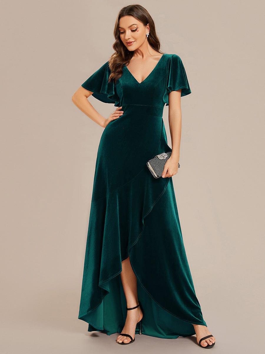 A-Line V-Neck Short Sleeves Empire-Waist Ruffles Velvet Evening Dress