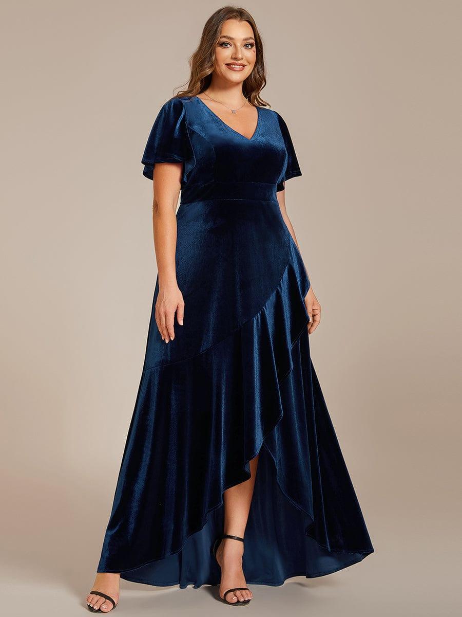 A-Line V-Neck Short Sleeves Empire-Waist Ruffles Velvet Evening Dress