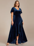 A-Line V-Neck Short Sleeves Empire-Waist Ruffles Velvet Evening Dress