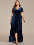 Plus Size Ruffles A-Line V-Neck Short Sleeves Velvet Evening Dress with Slit