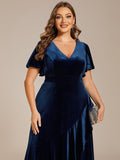 Plus Size Ruffles A-Line V-Neck Short Sleeves Velvet Evening Dress with Slit