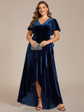 Plus Size Ruffles A-Line V-Neck Short Sleeves Velvet Evening Dress with Slit