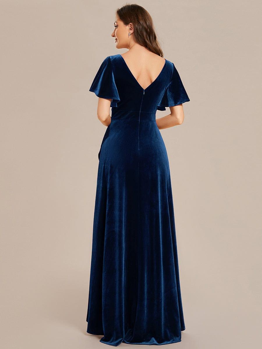 A-Line V-Neck Short Sleeves Empire-Waist Ruffles Velvet Evening Dress