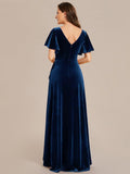 A-Line V-Neck Short Sleeves Empire-Waist Ruffles Velvet Evening Dress