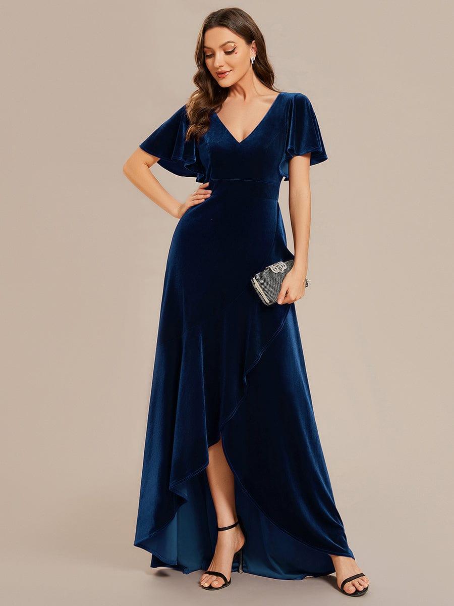 A-Line V-Neck Short Sleeves Empire-Waist Ruffles Velvet Evening Dress