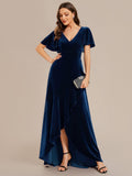 A-Line V-Neck Short Sleeves Empire-Waist Ruffles Velvet Evening Dress