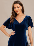 A-Line V-Neck Short Sleeves Empire-Waist Ruffles Velvet Evening Dress