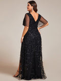 A-Line V-Neck Appliques Short Sleeves Midi Formal Evening Dress with Slit