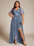 A-Line V-Neck Appliques Short Sleeves Midi Formal Evening Dress with Slit