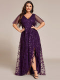 A-Line V-Neck Appliques Short Sleeves Midi Formal Evening Dress with Slit