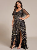 A-Line V-Neck Appliques Short Sleeves Midi Formal Evening Dress with Slit
