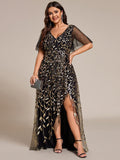 A-Line V-Neck Appliques Short Sleeves Midi Formal Evening Dress with Slit