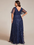 A-Line V-Neck Appliques Short Sleeves Midi Formal Evening Dress with Slit
