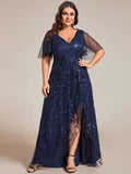 A-Line V-Neck Appliques Short Sleeves Midi Formal Evening Dress with Slit