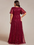 Plus Size A-Line Short Sleeves V-Neck Sequin Formal Evening Dress