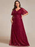 Plus Size A-Line Short Sleeves V-Neck Sequin Formal Evening Dress
