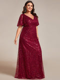 Plus Size A-Line Short Sleeves V-Neck Sequin Formal Evening Dress