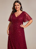 Plus Size A-Line Short Sleeves V-Neck Sequin Formal Evening Dress