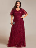 Plus Size A-Line Short Sleeves V-Neck Sequin Formal Evening Dress