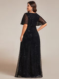 Plus Size A-Line Short Sleeves V-Neck Sequin Formal Evening Dress