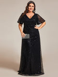 Plus Size A-Line Short Sleeves V-Neck Sequin Formal Evening Dress