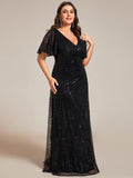 Plus Size A-Line Short Sleeves V-Neck Sequin Formal Evening Dress