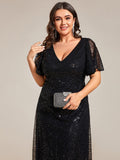 Plus Size A-Line Short Sleeves V-Neck Sequin Formal Evening Dress