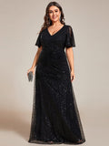 Plus Size A-Line Short Sleeves V-Neck Sequin Formal Evening Dress