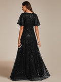 Sparkly Empire-Waist V-Neck Short Sleeves A-Line Formal Evening Dress