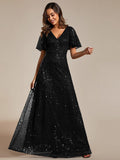 Sparkly Empire-Waist V-Neck Short Sleeves A-Line Formal Evening Dress