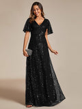 Sparkly Empire-Waist V-Neck Short Sleeves A-Line Formal Evening Dress
