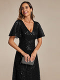 Sparkly Empire-Waist V-Neck Short Sleeves A-Line Formal Evening Dress