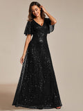Sparkly Empire-Waist V-Neck Short Sleeves A-Line Formal Evening Dress