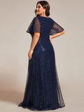Plus Size A-Line Short Sleeves V-Neck Sequin Formal Evening Dress