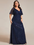 Plus Size A-Line Short Sleeves V-Neck Sequin Formal Evening Dress