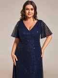 Plus Size A-Line Short Sleeves V-Neck Sequin Formal Evening Dress
