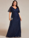 Plus Size A-Line Short Sleeves V-Neck Sequin Formal Evening Dress