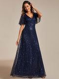 Sparkly Empire-Waist V-Neck Short Sleeves A-Line Formal Evening Dress