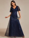 Sparkly Empire-Waist V-Neck Short Sleeves A-Line Formal Evening Dress
