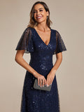 Sparkly Empire-Waist V-Neck Short Sleeves A-Line Formal Evening Dress