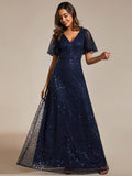 Sparkly Empire-Waist V-Neck Short Sleeves A-Line Formal Evening Dress