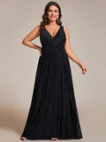 A-Line Empire-Waist V-Neck Sleeveless Glitter Pleated Long Formal Evening Dress