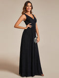 A-Line Empire-Waist V-Neck Sleeveless Glitter Pleated Long Formal Evening Dress